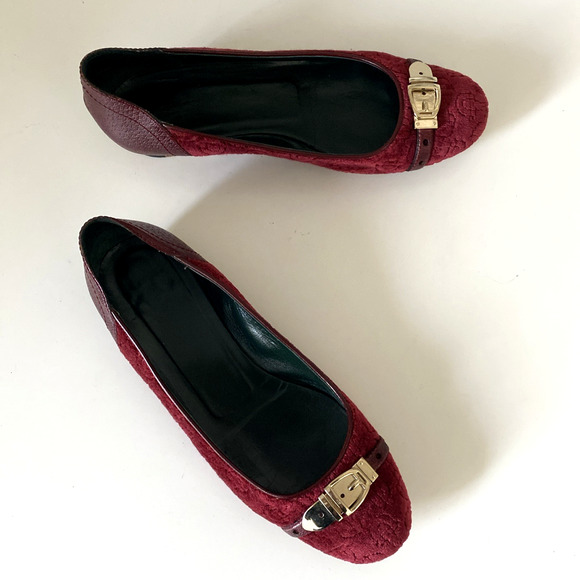 GUCCI Ballet Flat Burgundy Red Velvet Velour Round Toe Gold Buckle Equestrian 9 - Picture 11 of 14